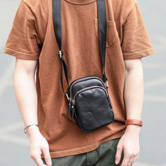 Black Vintage Leather Mens Small MIni Postman Shoulder Bag Phone Messenger Bag For Men