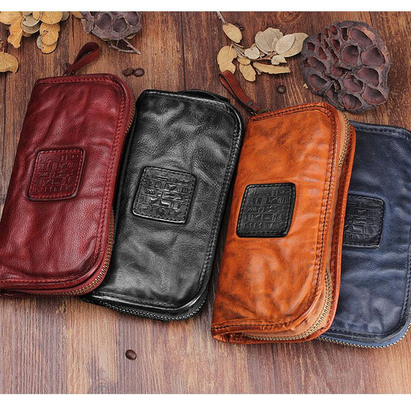 Handmade Leather Mens Cool Black Long Leather Wallet Brown Zipper Clutch Wallet Phone Bag for Men