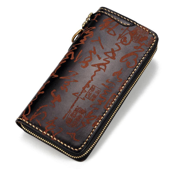 Handmade Leather Mens Chain Chinese Handwriting Biker Wallet Cool Leather Wallet Long Phone Wallets for Men