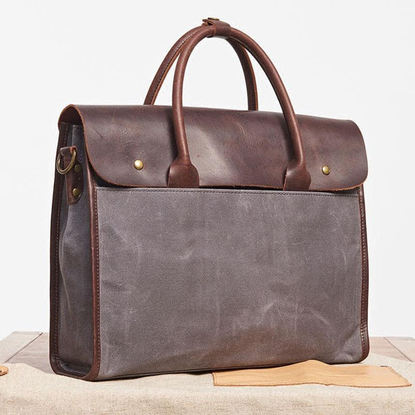 Mens Gray Canvas Leather Briefcase Handbag Work Bag Business Bag for Men