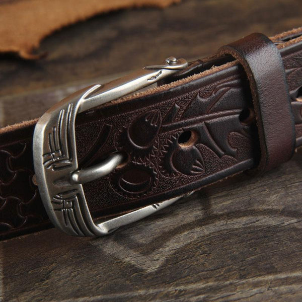 Genuine Leather Punk Rock Biker Tooled Floral Trucker Mens Belt Men Black Coffee Belt for Men