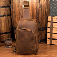 Dark Brown Leather Mens Cool Sling Bags Brown Crossbody Pack Chest Bag One Shoulder Backpack for men