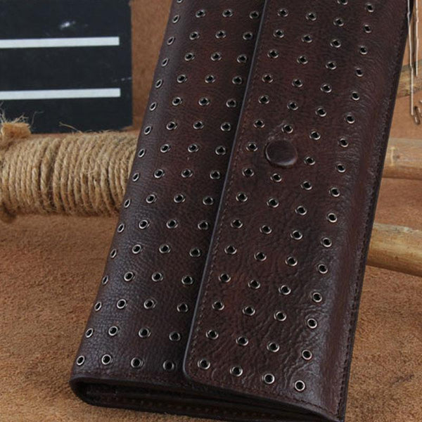 Genuine Leather Mens Cool Long Leather Wallet Zipper Clutch Wristlet Wallet for Men