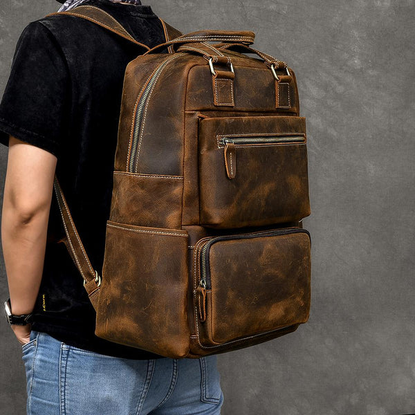 Vintage Brown Leather Mens 16" Laptop Backpack Hiking Backpack Travel Backpack College Bag for Men
