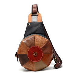 Stitched Brown Leather Men's Sling Bag Circle Shoulder Bag Chest Bag One Shoulder Backpack For Men