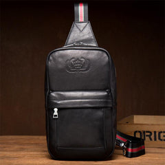 Cool Black Leather Mens Sling Bags Crossbody Pack Black Chest Bags One Shoulder Backpack for men