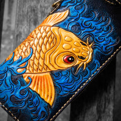 Handmade Leather Men Tooled Carp Cool Leather Chain Wallet Long Biker Wallets for Men