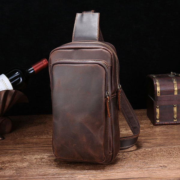 Vintage Brown Leather Men's Sling Bags Chest Bag One Shoulder Backpack For Men