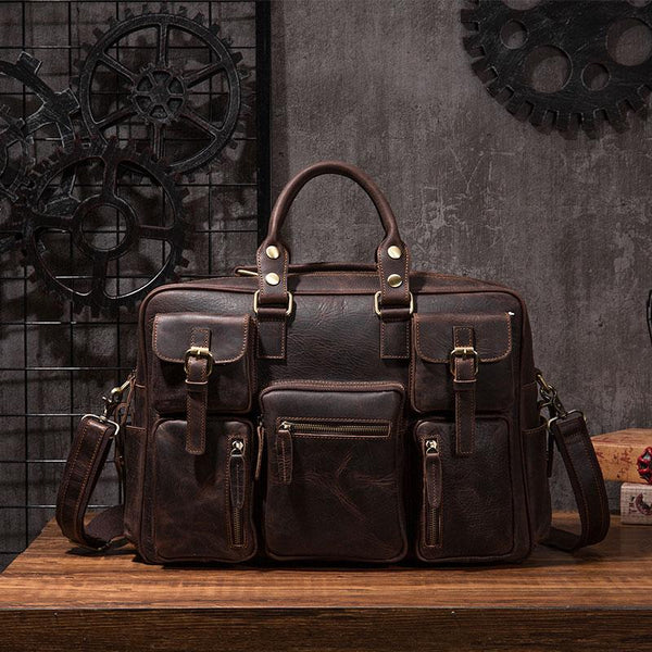 Vintage Leather Mens Travel Bag Cool Overnight Bag Work Handbag Business Bag for Men