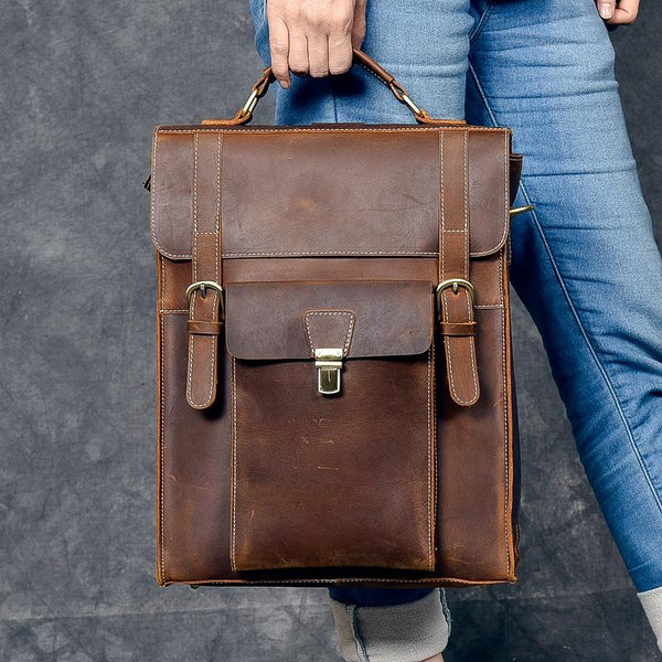 Leather Mens 14" Brown Laptop Backpack Side Bag Backpack College Backpack Handbag for Men