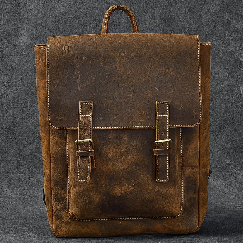 Brown Leather Mens 14" Laptop Backpack Hiking Backpack Travel Backpack College Bag for Men