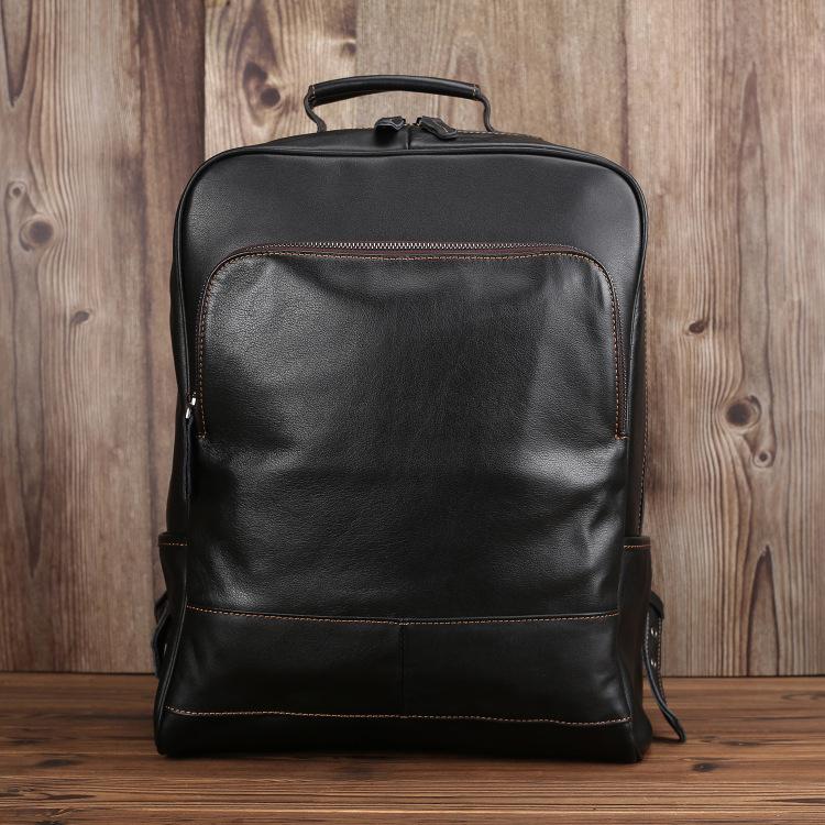 Black Leather Men's 15 inches Computer Backpack Travel Backpack Black Large College Backpack For Men