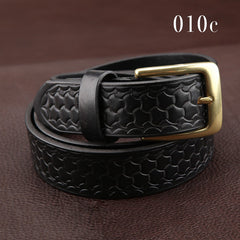 Handmade Tooled Black Leather Belt Armor Pattern Mens Brass Leather Belt for Men