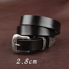 Handmade Black Leather Women Belt Slim Floral-Embossed Western Mens Silver Leather Belt for Men