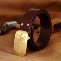 Handmade Leather Belts Minimalist Mens Brass Coffee Chinese Dragon Leather Belts for Men