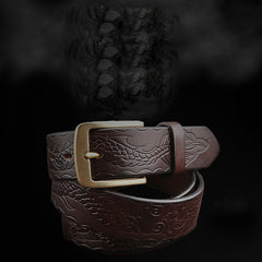 Handmade Tooled Brown Leather Belt Chinese Dragon Mens Brass Leather Belt for Men