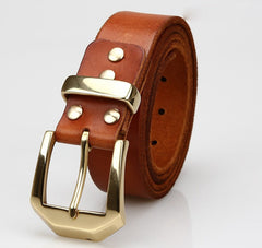 Handmade Coffee Brass Leather Belt Minimalist Mens Brass Leather Belts for Men