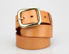 Handmade Leather Belt Minimalist Mens Brass Beige Leather Belts for Men