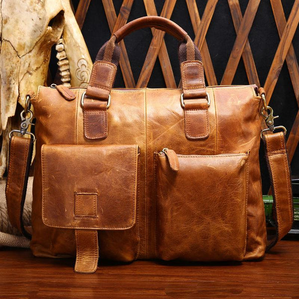Vintage Brown Leather Men 15.6 inches Briefcase Handbag Brown Laptop Handbag Business Bag For Men