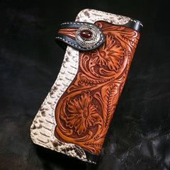 Handmade Mens Cool Tooled Long Boa Skin Floral Leather Chain Wallet Biker Trucker Wallet with Chain