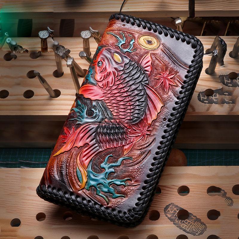 Handmade Leather Mens Clutch Wallet Cool Carp Tooled Wallet Long Zipper Wallets for Men