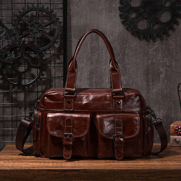 Cool Leather Mens Travel Bag Overnight Bag Work Handbags Business Bag for Men