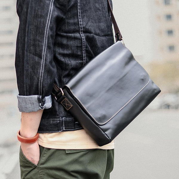 Cool Black Leather Mens 10 inches Courier Bags Coffee Brown Messenger Bags Postman Bag For Men