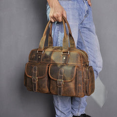 Brown Leather Travel Bag Men's 14 inches Overnight Bag Large Luggage Weekender Bag For Men