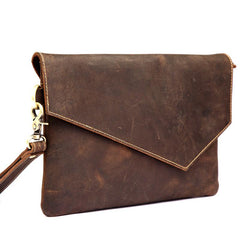 Dark Brown Vintage Leather Wristlet Bag Mens Tablet Bag Handy File Bag Clutch Bag For Men