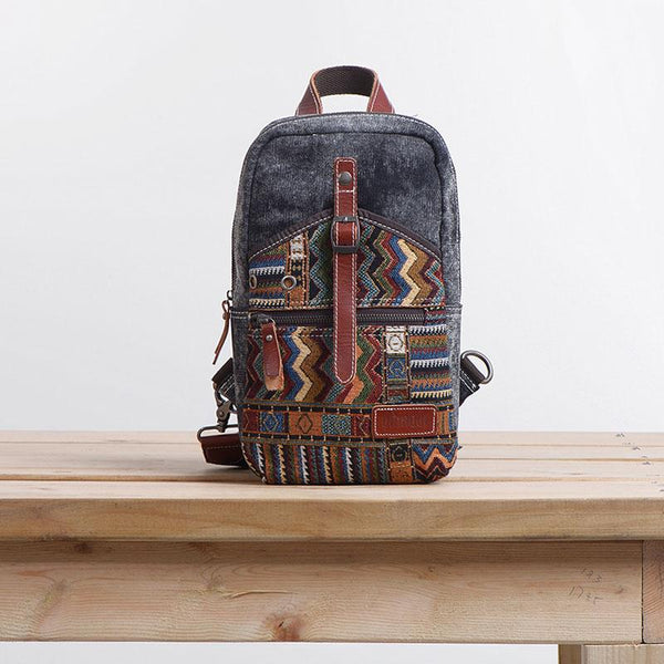 Folk Canvas Mens Sling Bag Vintage Chest Bag One Shoulder Pack for men