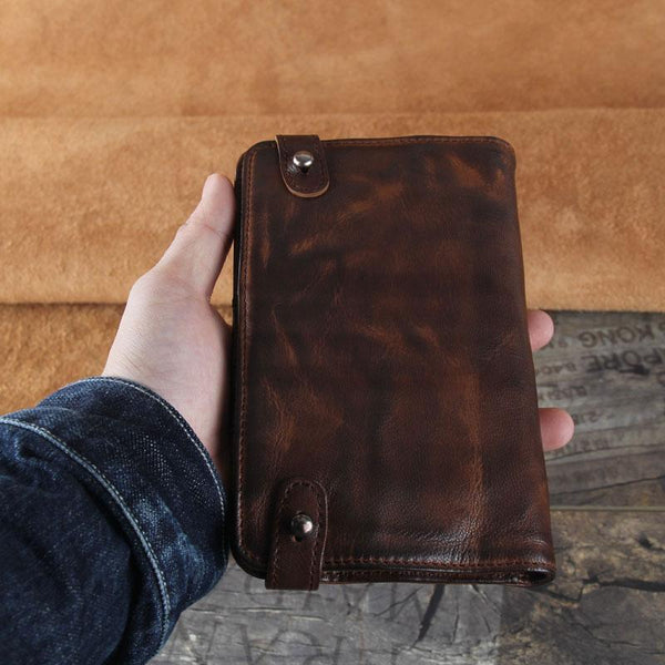 Handmade Leather Mens Cool Long Leather Wallet Bifold Clutch Wallet for Men