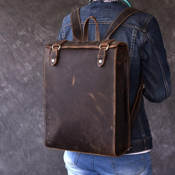 Vintage Leather Mens 14" Brown Computer Backpack Black Travel Backpack College Backpack for Men