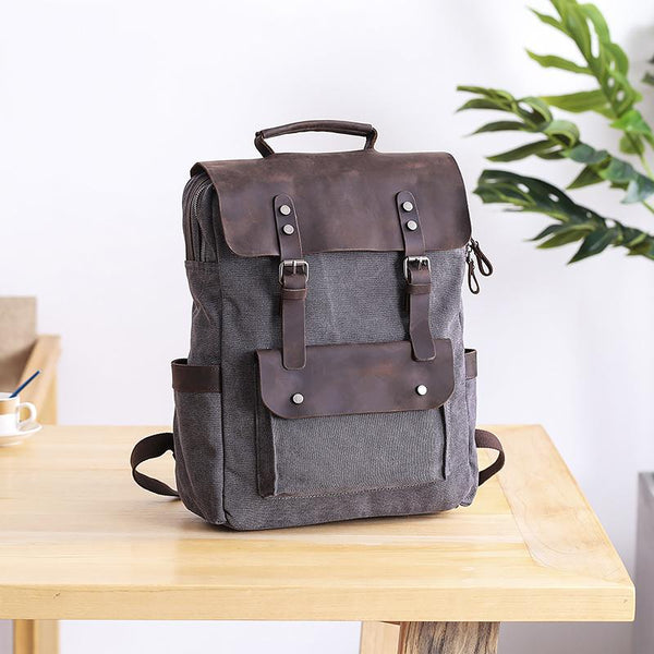 Dark Gray Waxed Canvas Mens Large 15'' Laptop Backpack College Backpack Hiking Backpack for Men