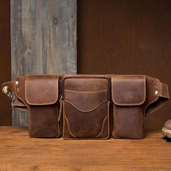 Cool Brown Leather Mens Fanny Pack Tool Waist Bags Hip Pack Belt Bag Bumbags for Men