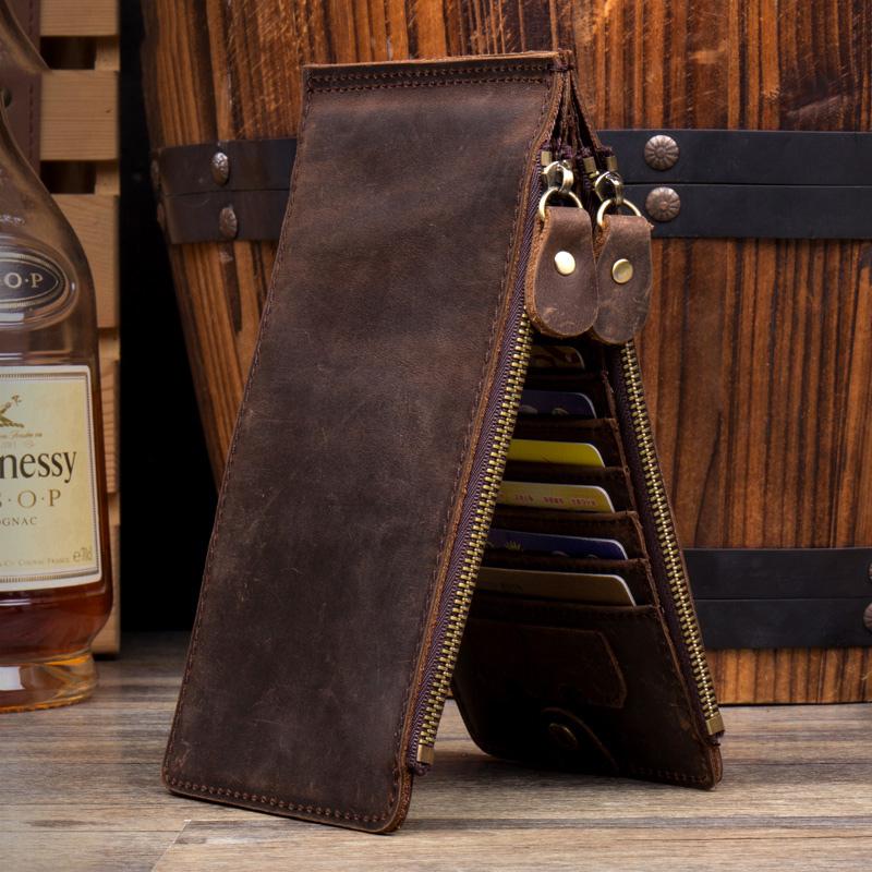 Cool Dark Brown Mens long Card Wallet Mutlicard Wallet Card Wallet Bifold Long Wallet for Men