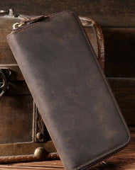 Vintage Brown Leather Mens Long Wallet Zipper Clutch Long Wallet For Men