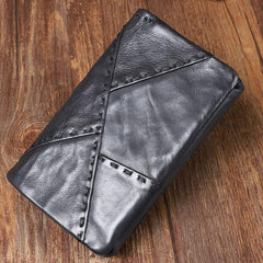 Cool Leather Mens Black Buckle Long Wallet Black Long Trifold Vertical Wallet for Men