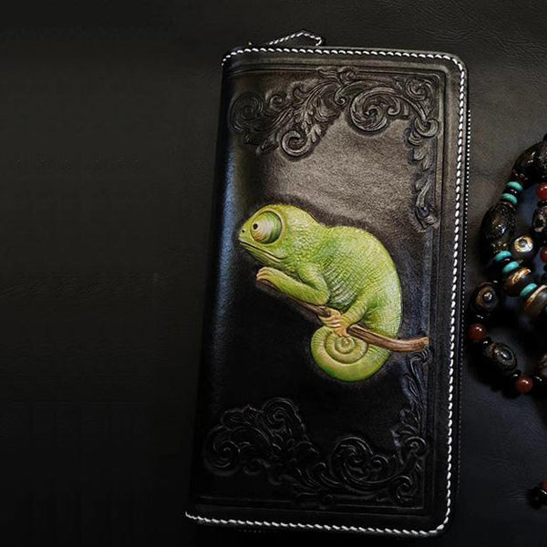 Badass Black Leather Men's Chameleon Biker Wallet Handmade Tooled Zipper Long Wallets For Men