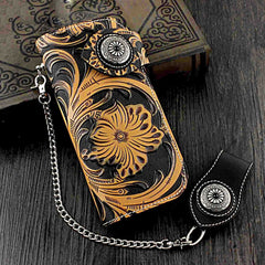 Badass Black Leather Men's Long Biker Chain Wallet Tooled Long Wallet with Chain For Men