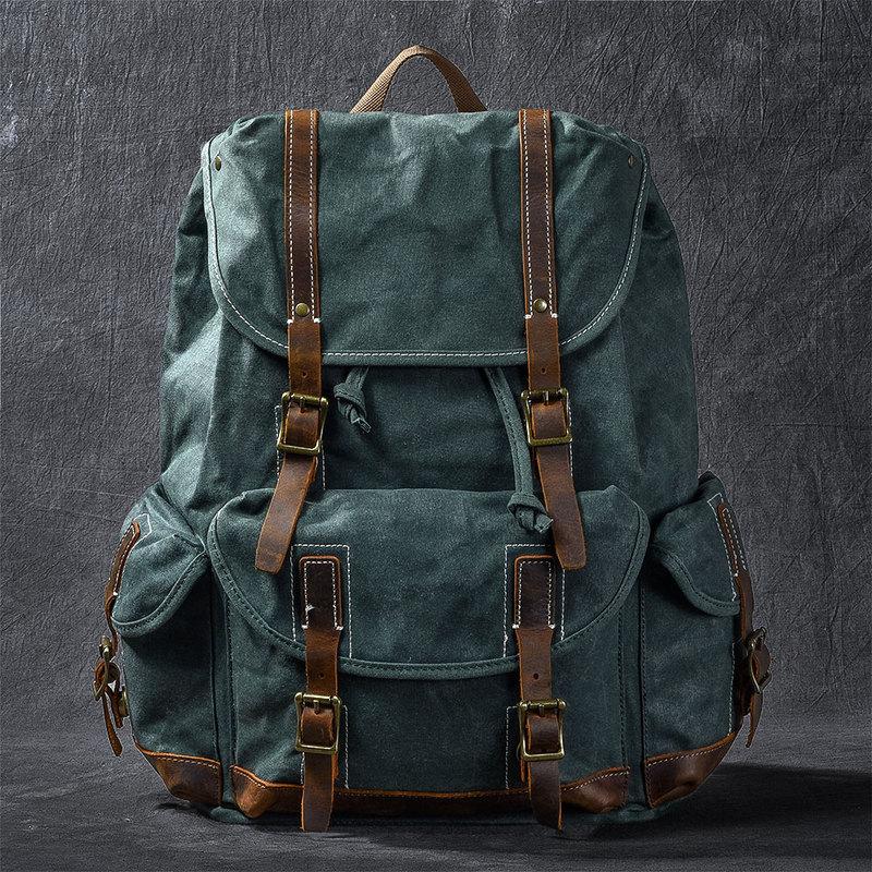Waxed Canvas Leather Mens Womens 16" Khaki Backpack Green Travel Backpack College Backpack for Men