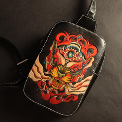 Cool Handmade Tooled Leather Floral Sling Bag Chest Bag One Shoulder Backpack For Men
