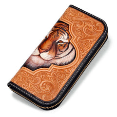 Handmade Leather Mens Clutch Wallet Cool Floral Tiger Tooled Wallet Long Zipper Wallets for Men