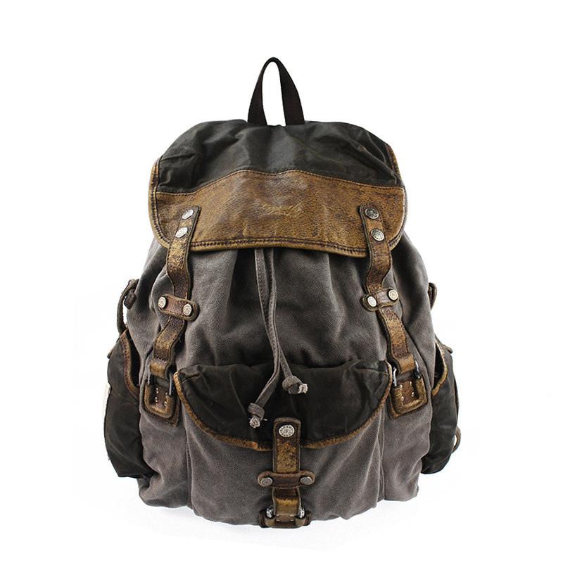 Vintage Canvas Leather Mens Large Washed Gray Backpack School Backpack Canvas Travel Backpack For Men