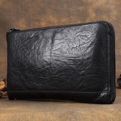 Handmade Cool Leather Mens Black Long Wallet Wirstlet Bag Black Zipper Clutch Wallet for Men