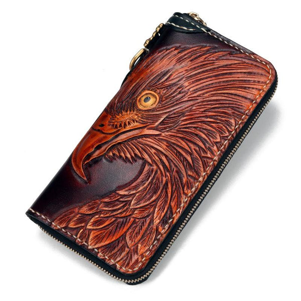 Handmade Leather Eagle Mens Tooled Long Chain Biker Wallet Cool Leather Wallet With Chain Wallets for Men