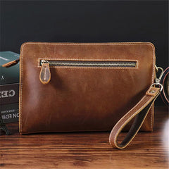 Vintage Brown Mens Clutch Wallet Leather Zipper Clutch Wristlet Purse Bag Clutch Bags For Men