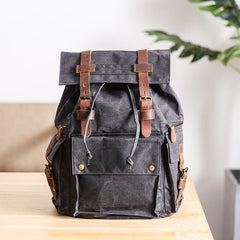 Waxed Canvas Leather Mens Gray Waterproof 15‘’ Large Backpack Travel Backpack College Backpack for Men