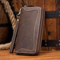 Cool Dark Brown Mens long Wallet Wristlet Wallet Clutch Wallet Yellow Brown Long Wallets for Men