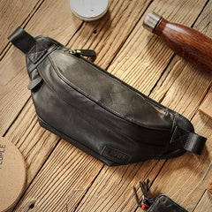 Black Cool Leather Mens Chest Bag Waist Bag Fanny Pack Hip Bag Bum Pack For Men