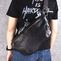 Black Leather Mens Large Sling Bag Leather Sling Pack Postman Bag Fanny Pack Shoulder Bag For Men